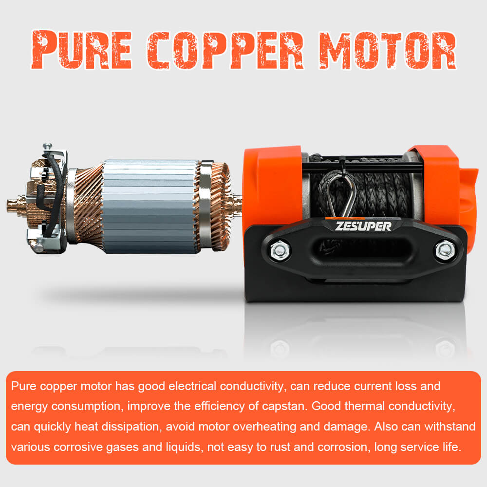 4500lb 12V Electric Winch, Synthetic Rope, 3-Stage Planetary - ZESUPER