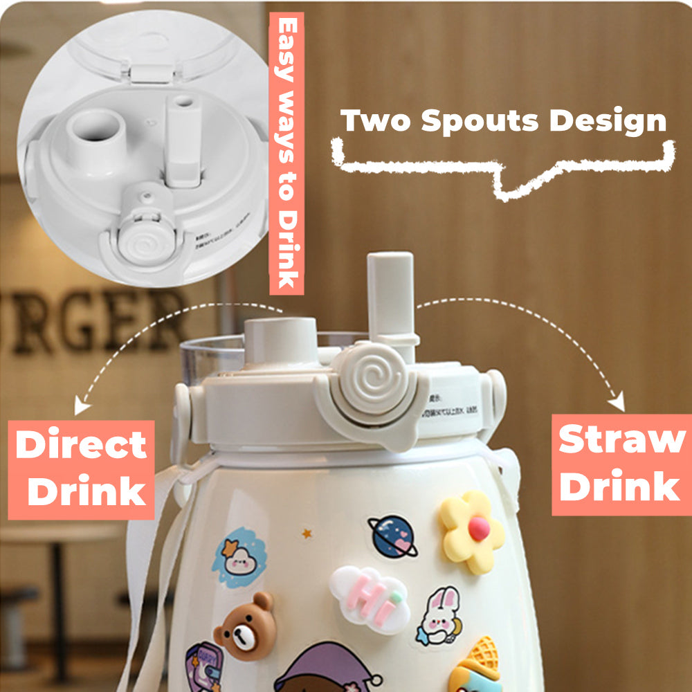 1000ml Large Water Bottle Stainless Steel Straw Water Jug with FREE Sticker Packs Blue
