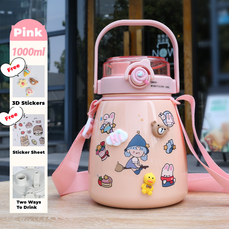 1000ml Large Water Bottle Stainless Steel Straw Water Jug with FREE Sticker Packs Pink