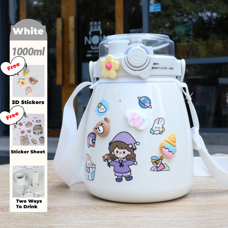 1000ml Large Water Bottle Stainless Steel Straw Water Jug with FREE Sticker Packs White