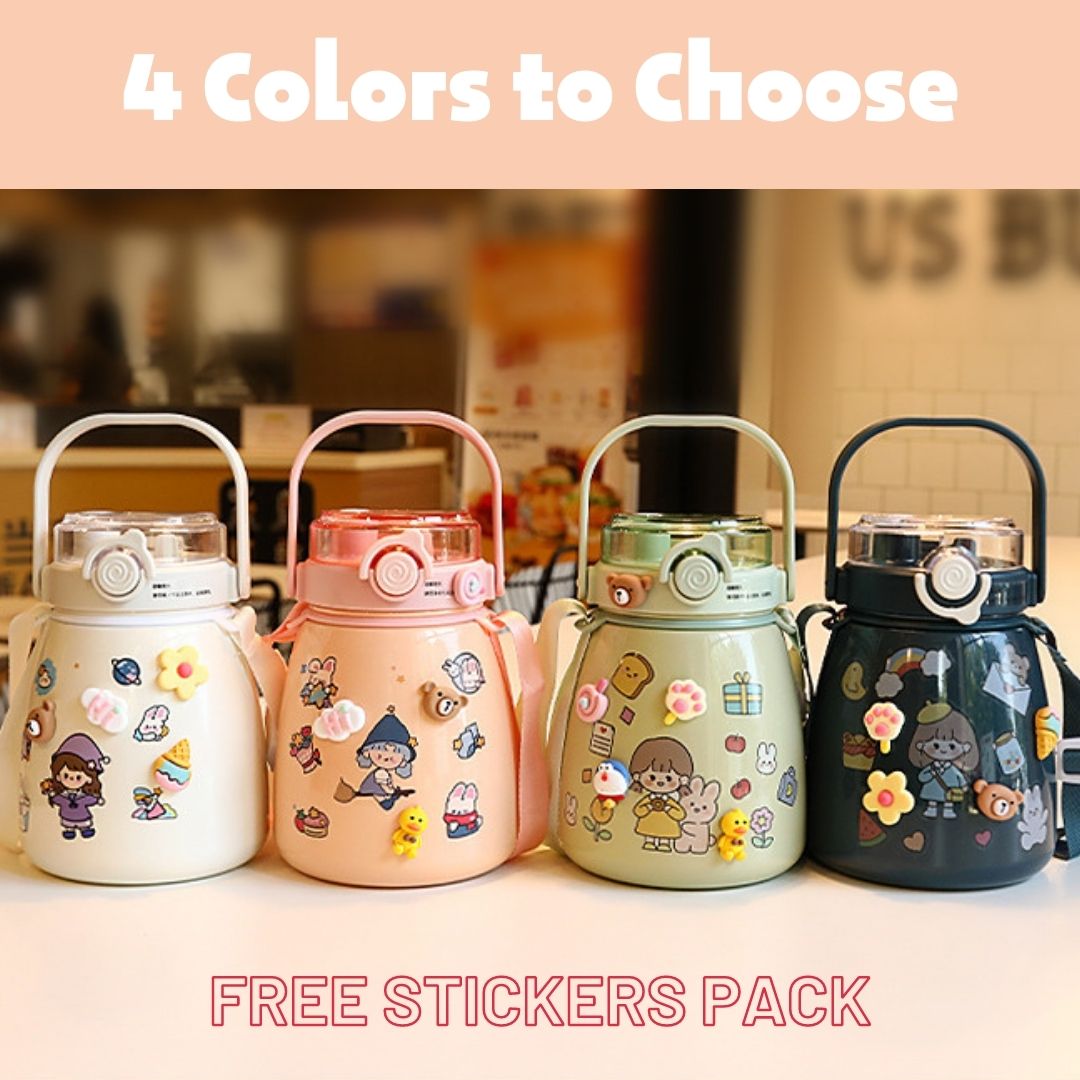 1000ml Large Water Bottle Stainless Steel Straw Water Jug with FREE Sticker Packs White