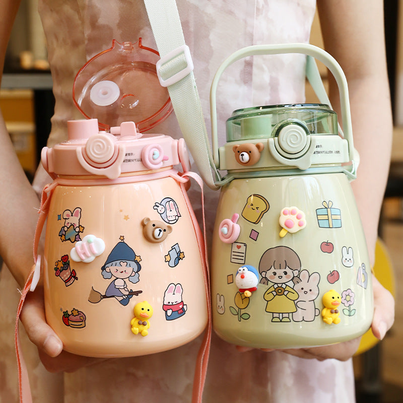 1000ml Large Water Bottle Stainless Steel Straw Water Jug with FREE Sticker Packs White