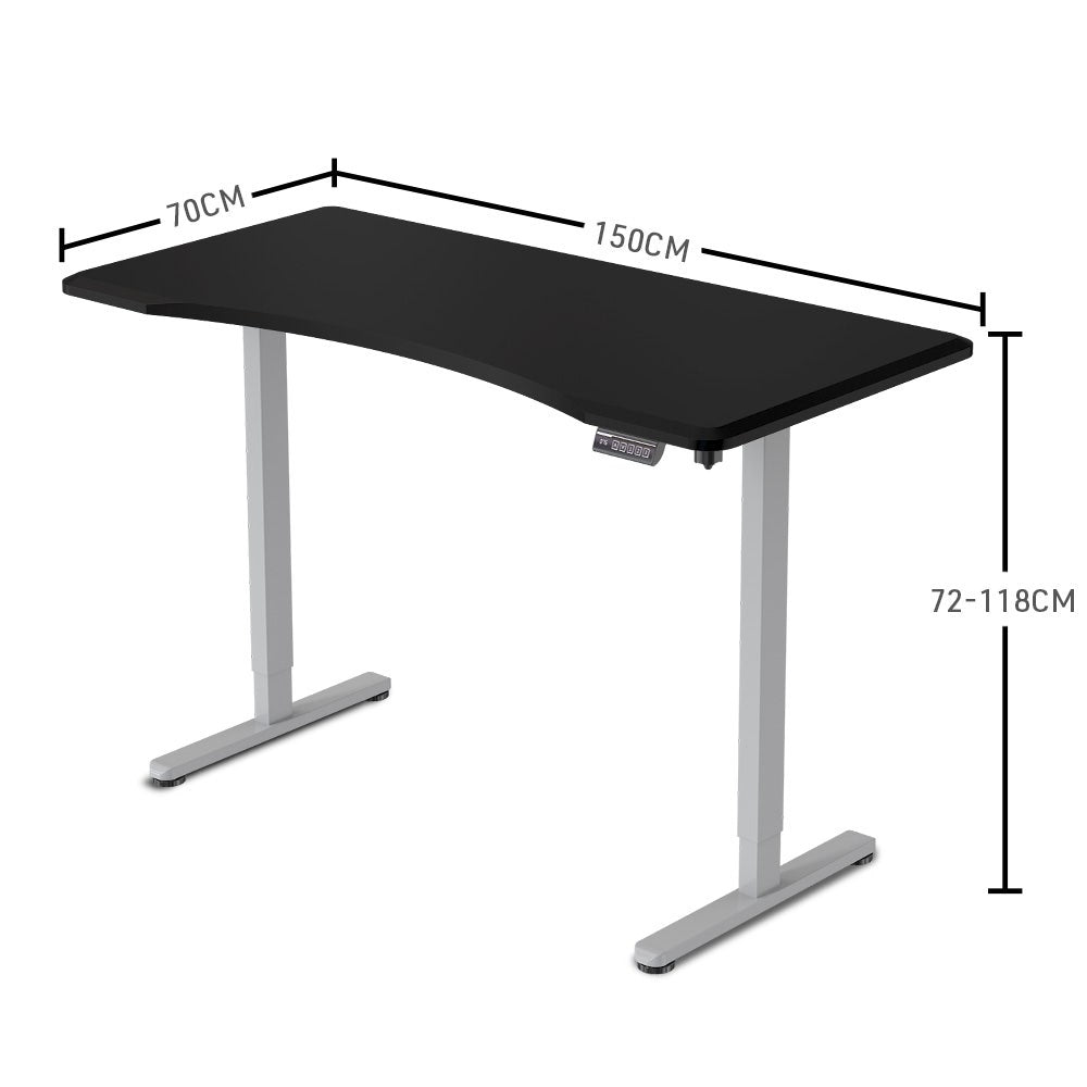 FORTIA Sit To Stand Up Standing Desk, 150x68cm, 72-118cm Electric Height Adjustable, Ergonomically Curved Edge, 50kg Rated, Black/Silver Frame