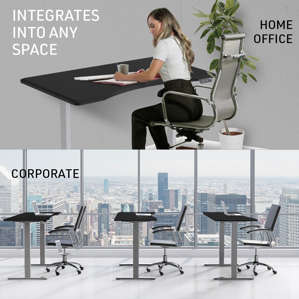 FORTIA Sit To Stand Up Standing Desk, 150x68cm, 72-118cm Electric Height Adjustable, Ergonomically Curved Edge, 50kg Rated, Black/Silver Frame