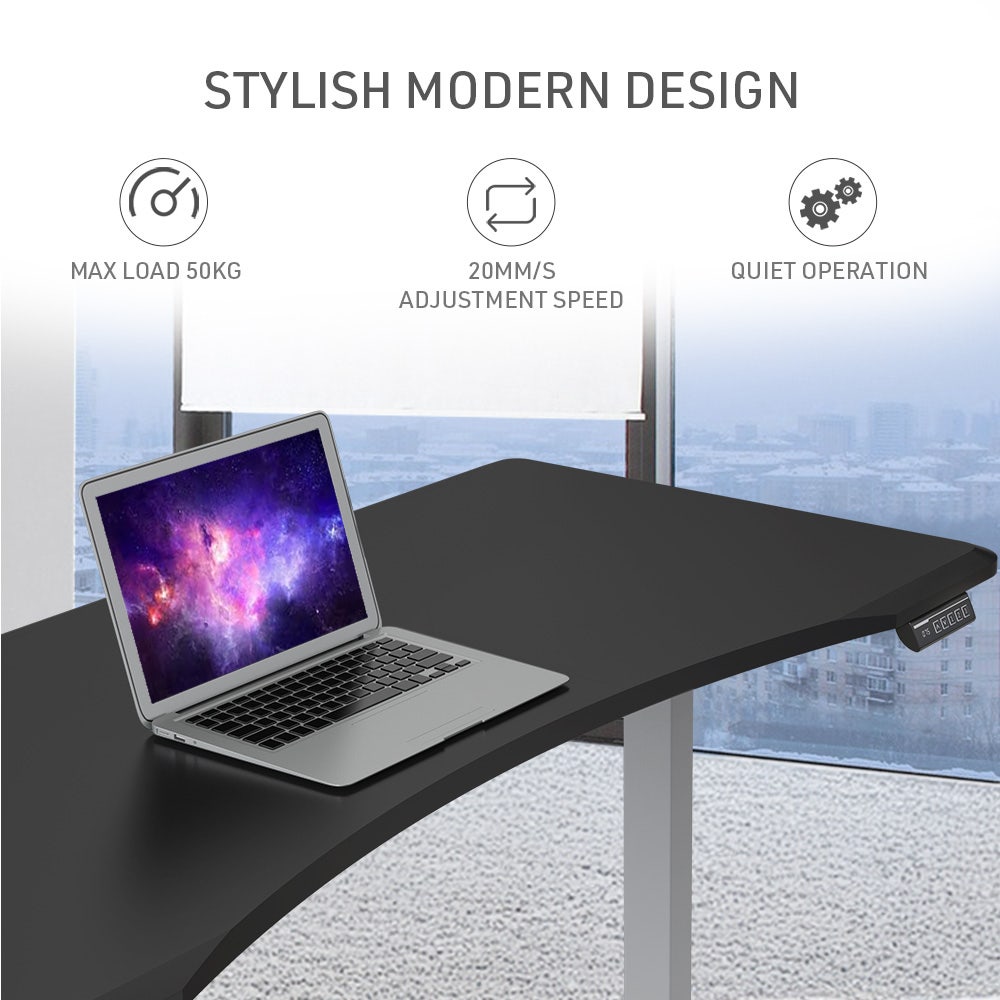 FORTIA Sit To Stand Up Standing Desk, 150x68cm, 72-118cm Electric Height Adjustable, Ergonomically Curved Edge, 50kg Rated, Black/Silver Frame