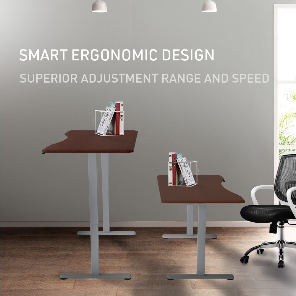 FORTIA Sit To Stand Up Standing Desk, 150x68cm, 72-118cm Electric Height Adjustable, Ergonomically Curved Edge, 50kg Rated, Walnut Style/Silver Frame