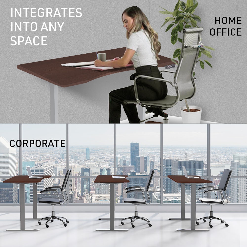 FORTIA Sit To Stand Up Standing Desk, 150x68cm, 72-118cm Electric Height Adjustable, Ergonomically Curved Edge, 50kg Rated, Walnut Style/Silver Frame