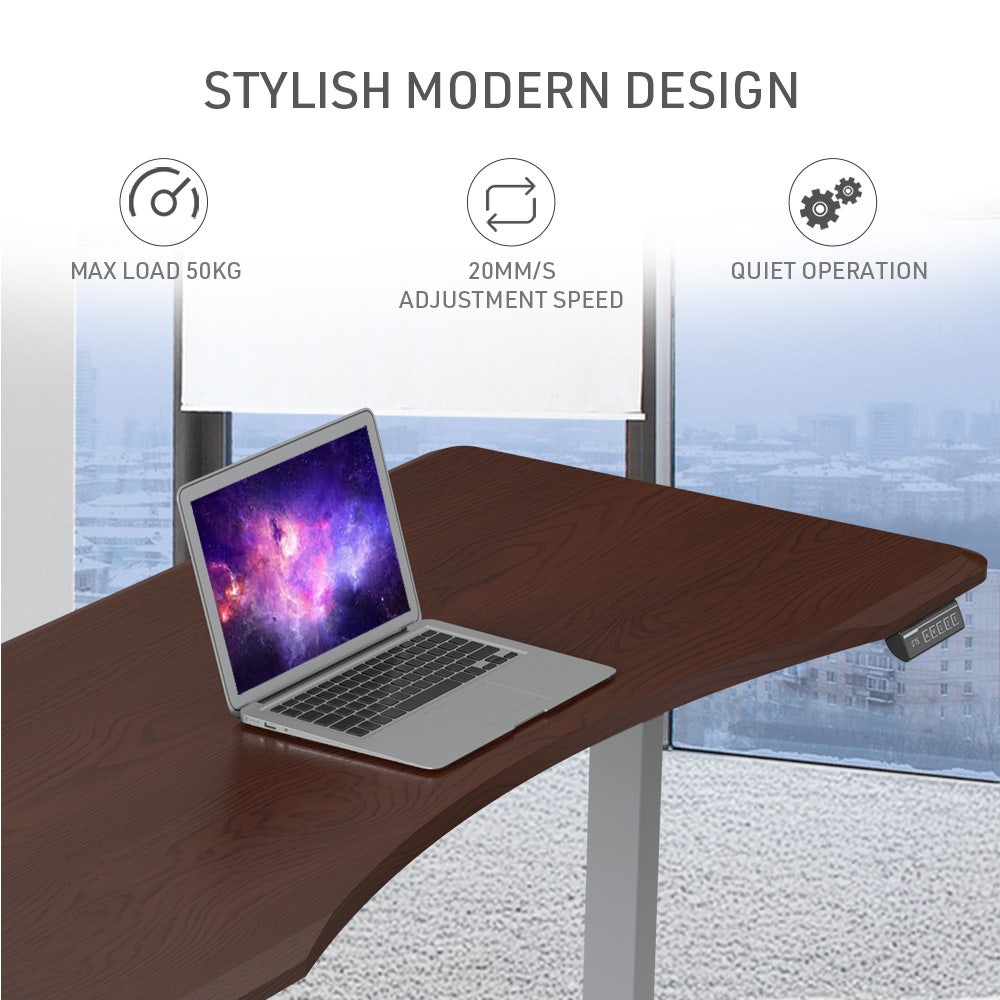 FORTIA Sit To Stand Up Standing Desk, 150x68cm, 72-118cm Electric Height Adjustable, Ergonomically Curved Edge, 50kg Rated, Walnut Style/Silver Frame