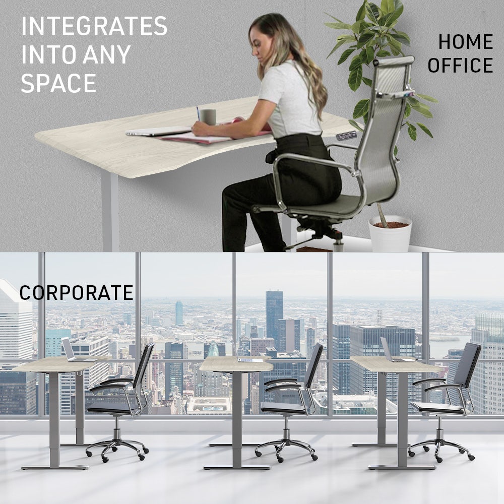 FORTIA 150cm Electric Sit Stand Desk Curved White Oak Silver Frame