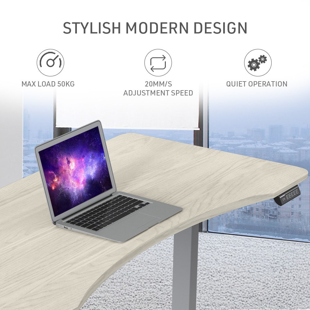 FORTIA 150cm Electric Sit Stand Desk Curved White Oak Silver Frame