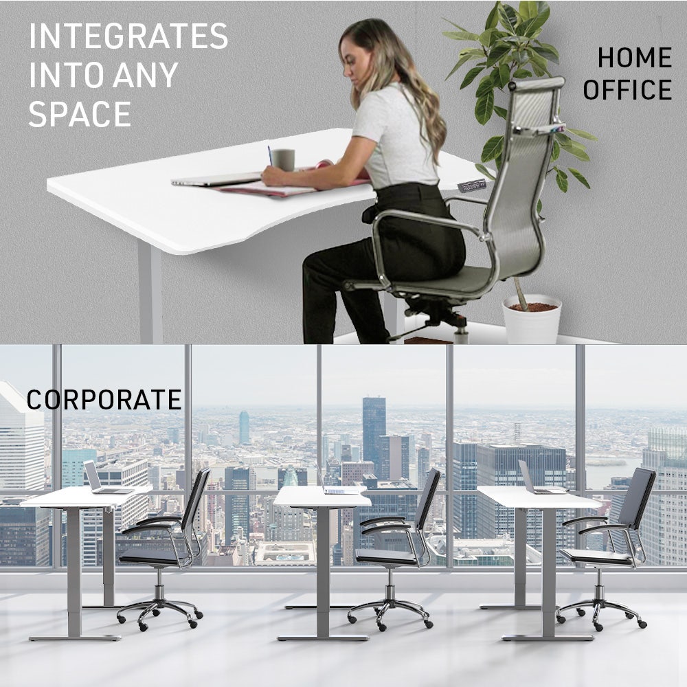 FORTIA 150cm Electric Sit Stand Desk White/Silver Curved Edge