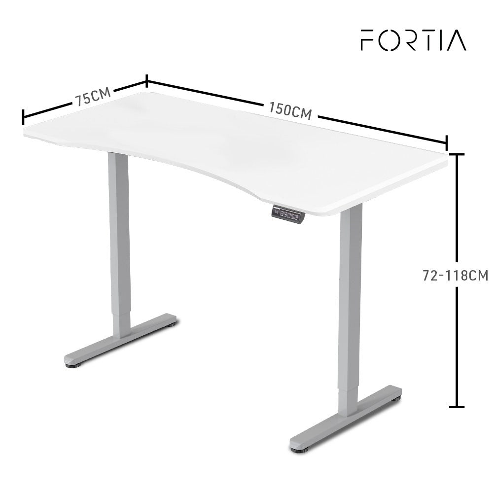 FORTIA 150cm Electric Sit Stand Desk White/Silver Curved Edge