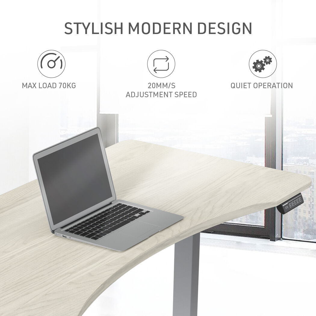 FORTIA Sit To Stand Up Standing Desk, 160x75cm, 72-118cm Electric Height Adjustable, Ergonomically Curved Edge, 50kg Rated, White Oak Style/Silver Frame