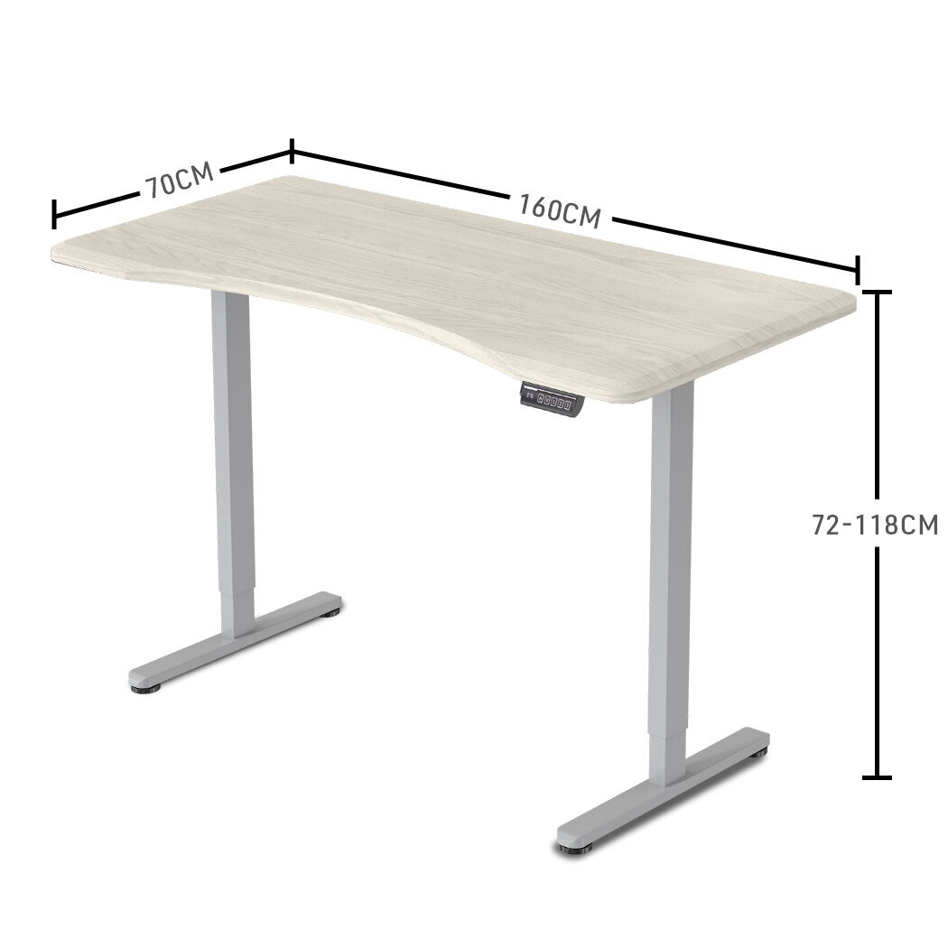 FORTIA Sit To Stand Up Standing Desk, 160x75cm, 72-118cm Electric Height Adjustable, Ergonomically Curved Edge, 50kg Rated, White Oak Style/Silver Frame