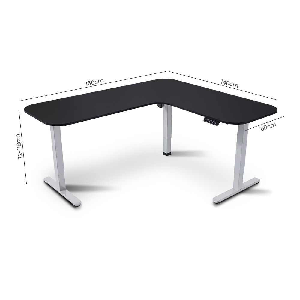 FORTIA Corner Standing Desk, 160x140cm, 72-118cm Sit to Stand Up Electric Height Adjustable, Black Desktop/Silver Frame