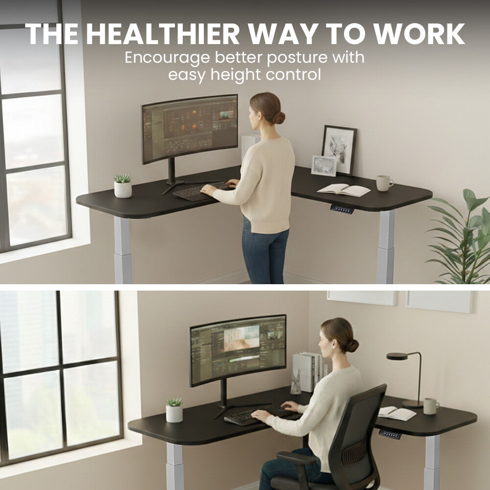 FORTIA Corner Standing Desk, 160x140cm, 72-118cm Sit to Stand Up Electric Height Adjustable, Black Desktop/Silver Frame