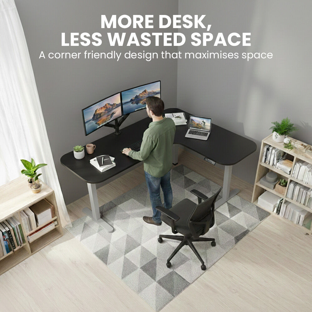 FORTIA Corner Standing Desk, 160x140cm, 72-118cm Sit to Stand Up Electric Height Adjustable, Black Desktop/Silver Frame