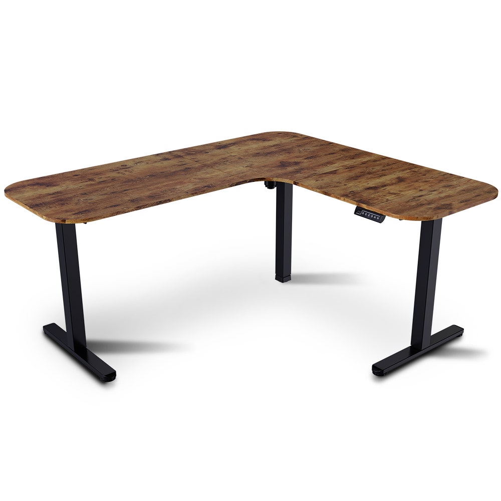 FORTIA Corner Standing Desk, 160x140cm, 72-118cm Sit to Stand Up Electric Height Adjustable, Walnut Style Desktop/Black Frame