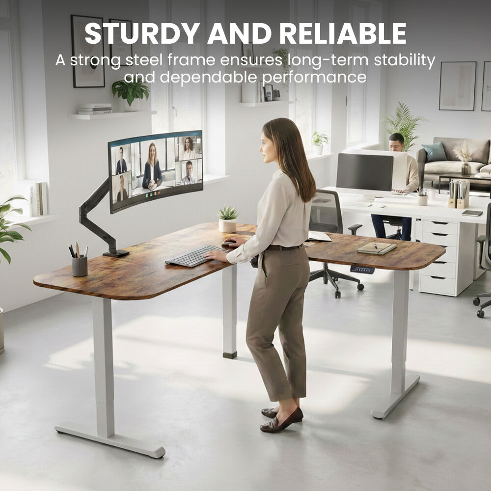 FORTIA Corner Standing Desk, 160x140cm, 72-118cm Sit to Stand Up Electric Height Adjustable, Walnut Style Desktop/Silver Frame