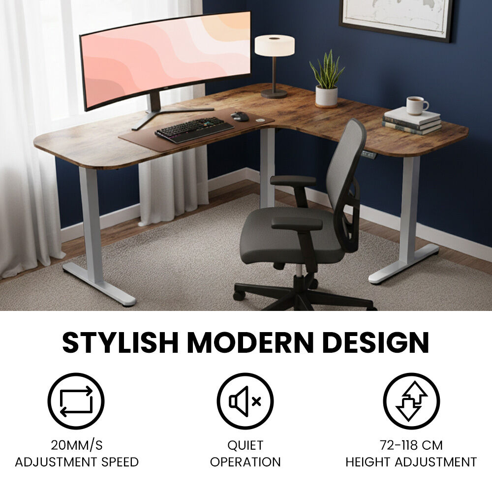 FORTIA Corner Standing Desk, 160x140cm, 72-118cm Sit to Stand Up Electric Height Adjustable, Walnut Style Desktop/Silver Frame