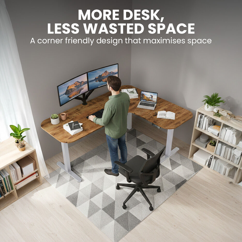 FORTIA Corner Standing Desk, 160x140cm, 72-118cm Sit to Stand Up Electric Height Adjustable, Walnut Style Desktop/Silver Frame