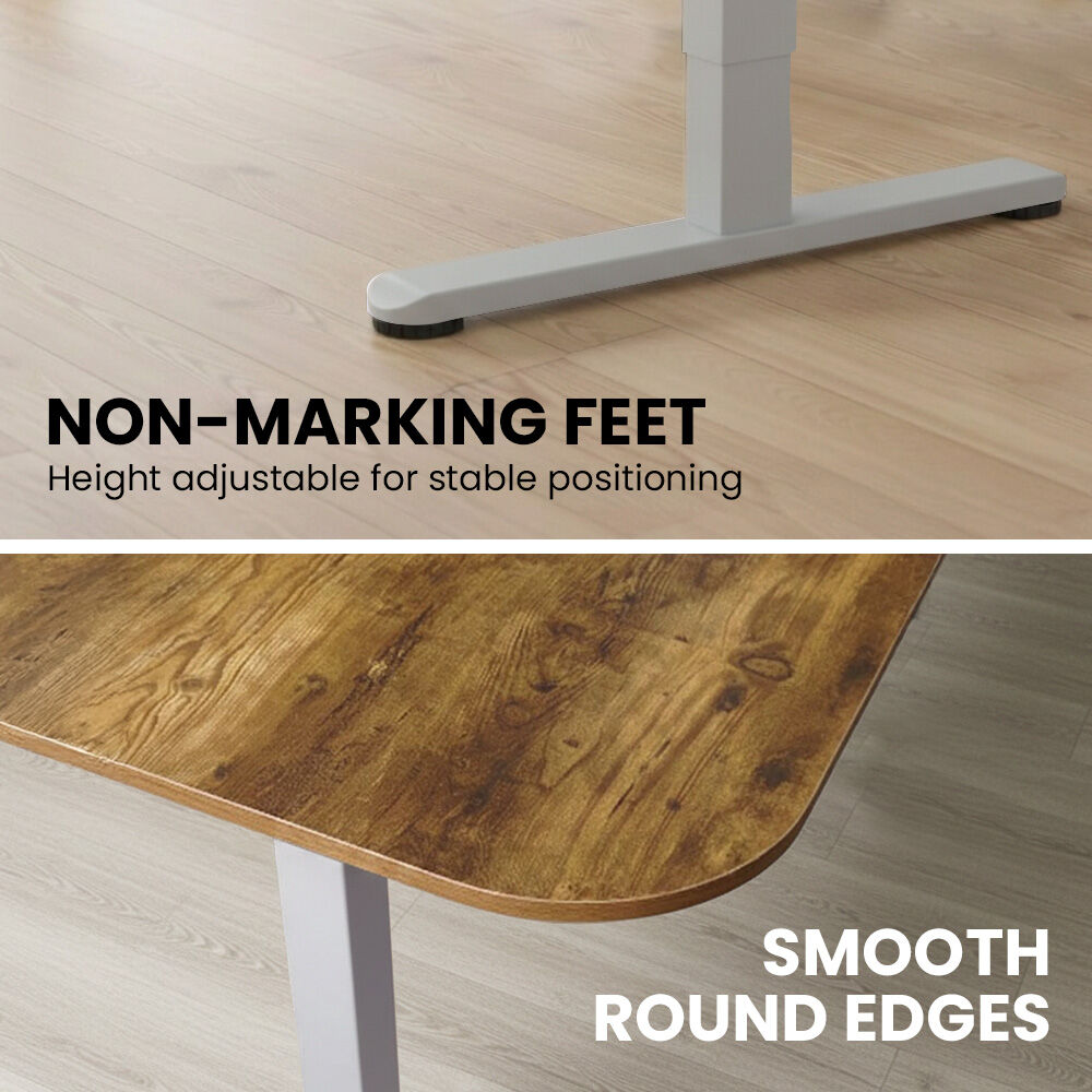 FORTIA Corner Standing Desk, 160x140cm, 72-118cm Sit to Stand Up Electric Height Adjustable, Walnut Style Desktop/Silver Frame