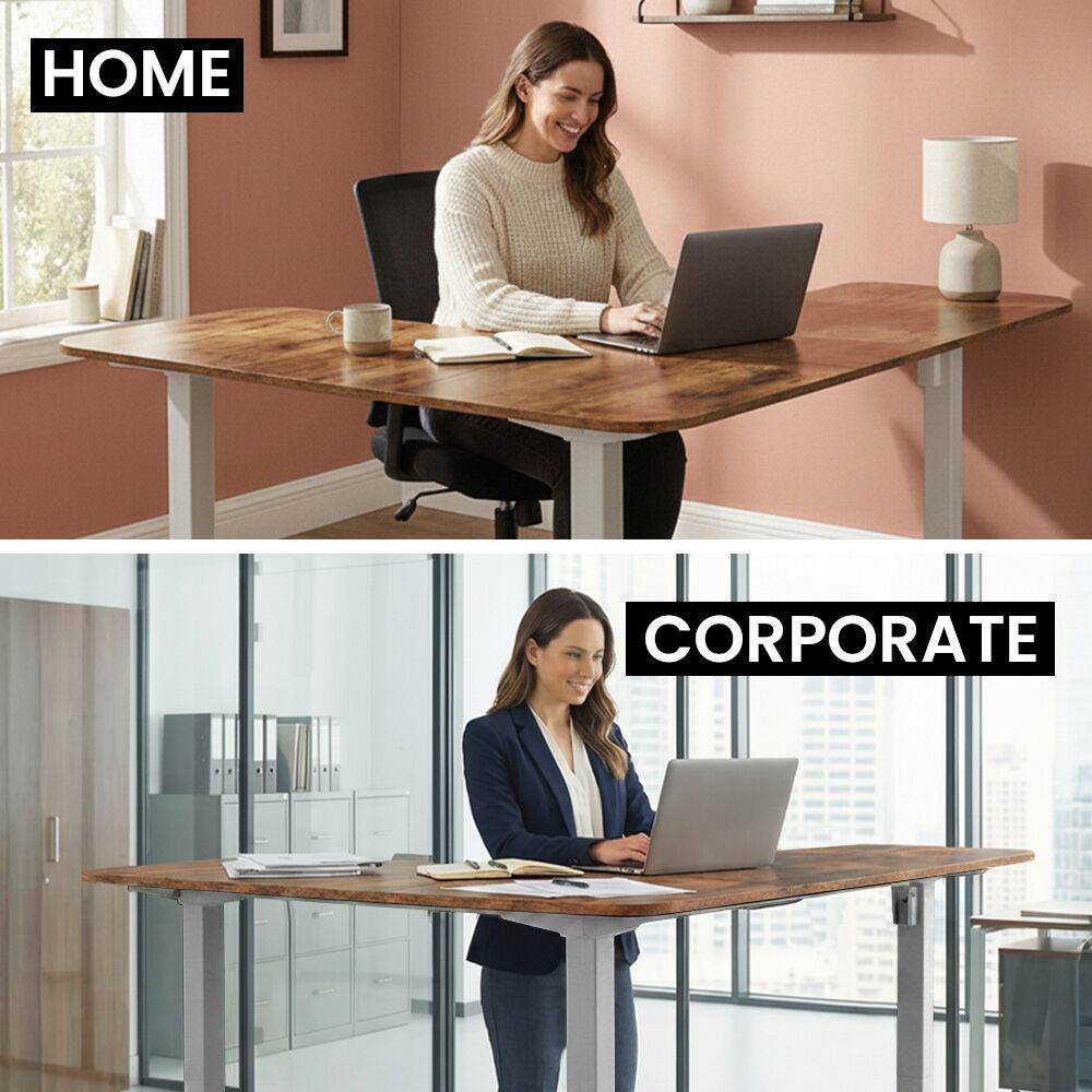 FORTIA Corner Standing Desk, 160x140cm, 72-118cm Sit to Stand Up Electric Height Adjustable, Walnut Style Desktop/Silver Frame
