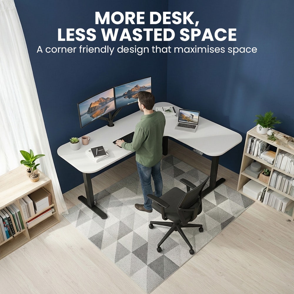 FORTIA Corner Standing Desk, 160x140cm, 72-118cm Sit to Stand Up Electric Height Adjustable, White Desktop/Black Frame
