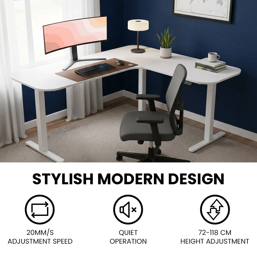 FORTIA Corner Standing Desk, 160x140cm, 72-118cm Sit to Stand Up Electric Height Adjustable, White Desktop/Silver Frame