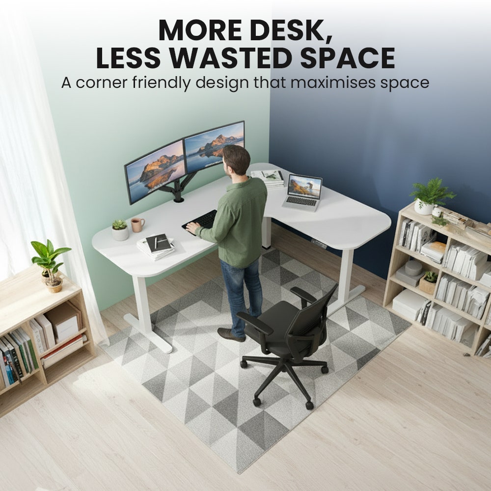 FORTIA Corner Standing Desk, 160x140cm, 72-118cm Sit to Stand Up Electric Height Adjustable, White Desktop/Silver Frame