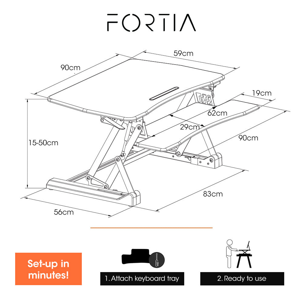 FORTIA 90cm Adjustable Sit Stand Desk Riser Dual Monitor White