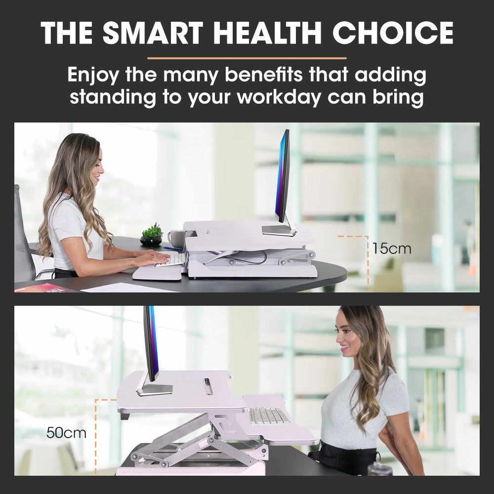 FORTIA 90cm Adjustable Sit Stand Desk Riser Dual Monitor White