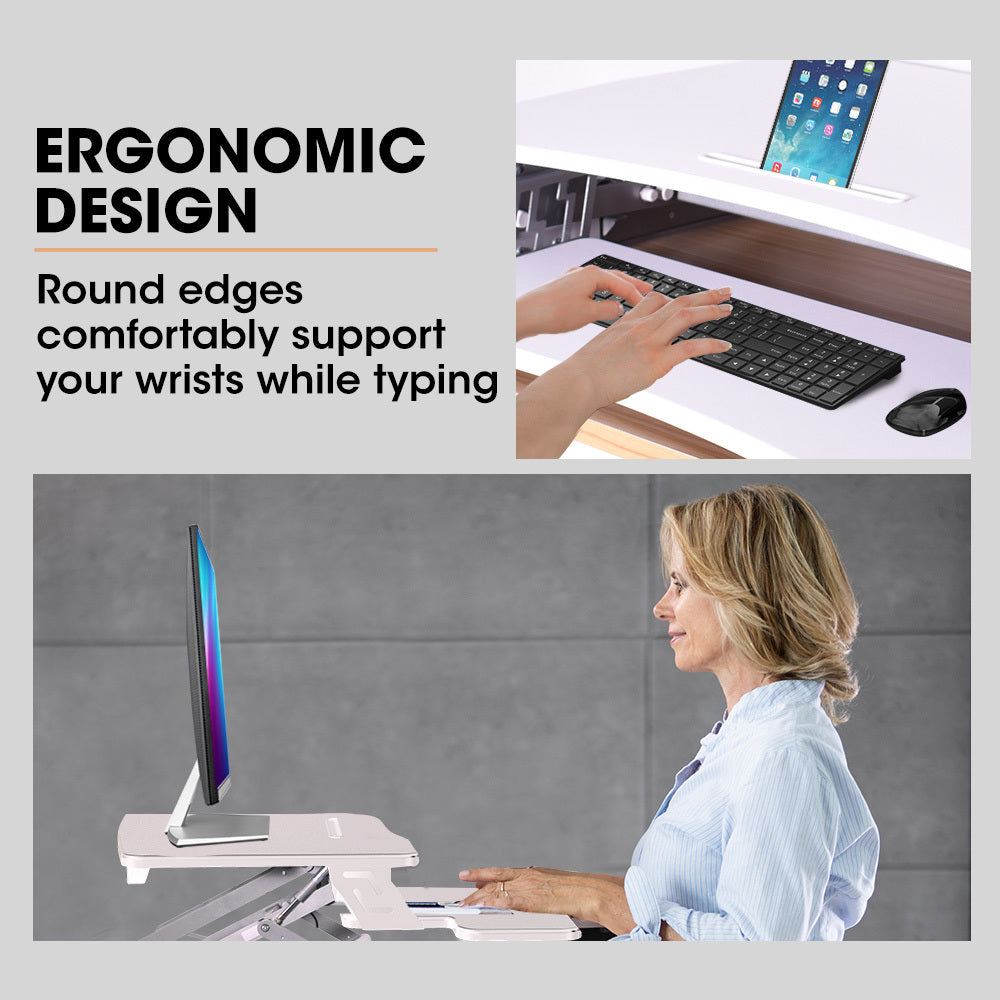 FORTIA 90cm Adjustable Sit Stand Desk Riser Dual Monitor White