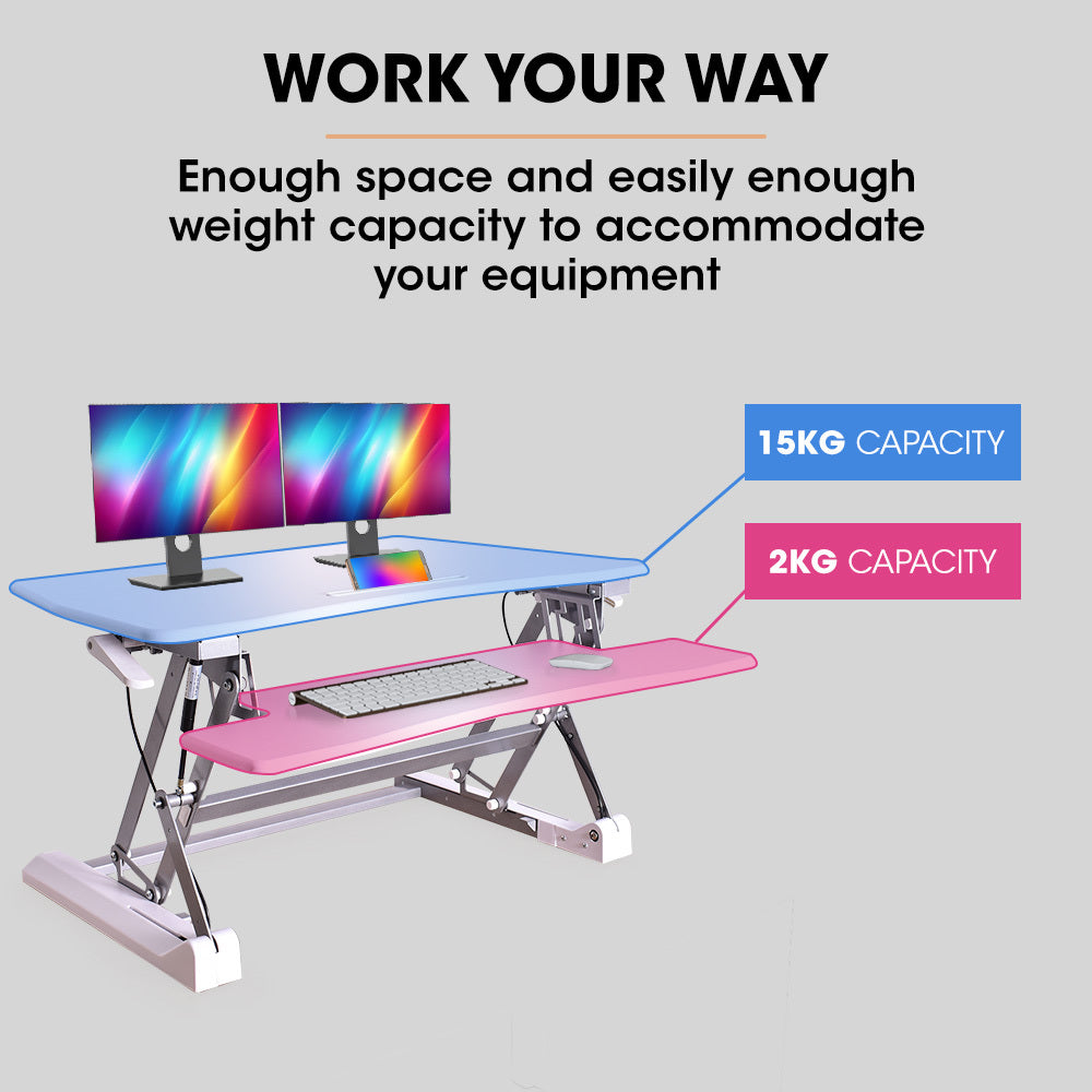 FORTIA 90cm Adjustable Sit Stand Desk Riser Dual Monitor White