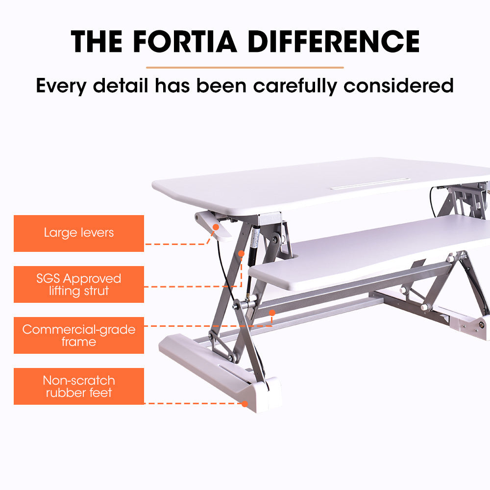 FORTIA 90cm Adjustable Sit Stand Desk Riser Dual Monitor White