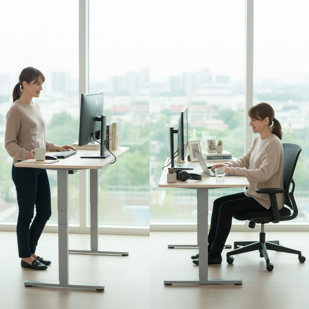 FORTIA Sit To Stand Standing Desk, 120x60cm, 72-118cm Electric Height Adjustable, Light Oak Style Desktop Silver Frame