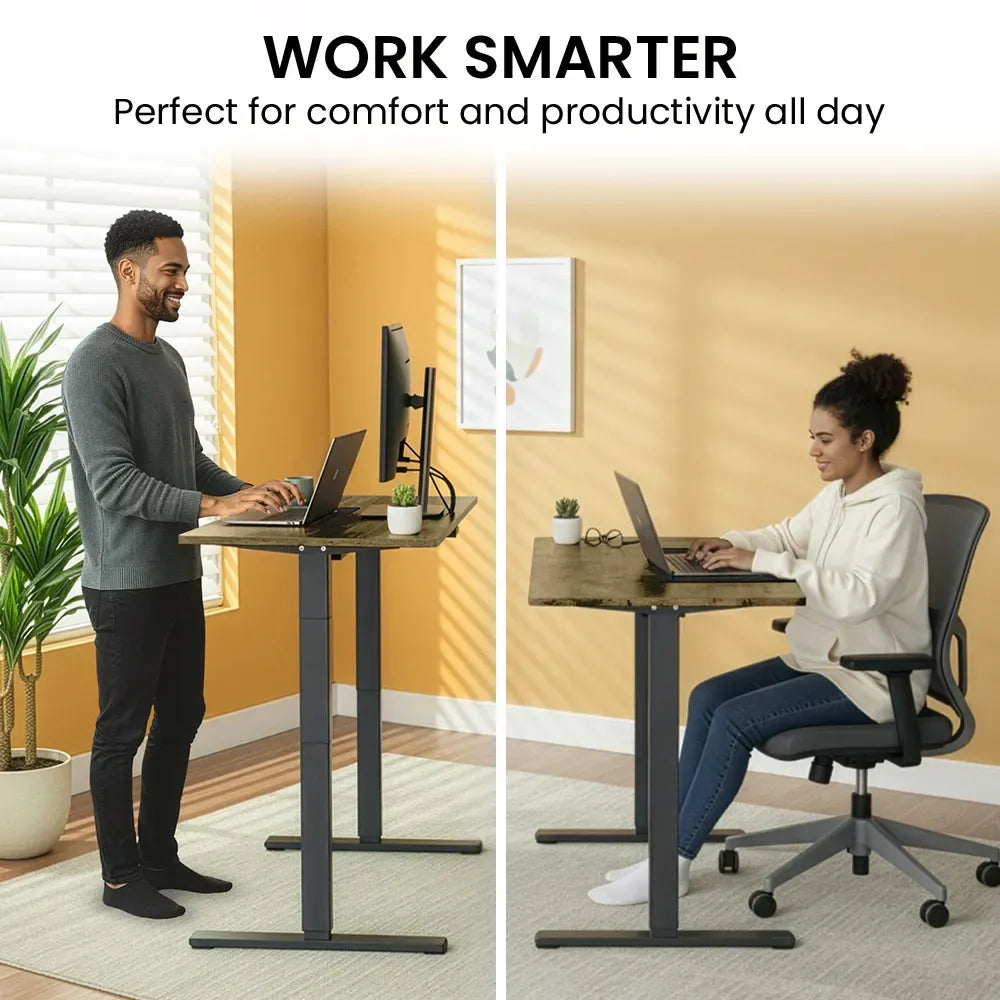 FORTIA Sit To Stand Standing Desk, 120x60cm, 72-118cm Electric Height Adjustable, Walnut Style Desktop Black Frame