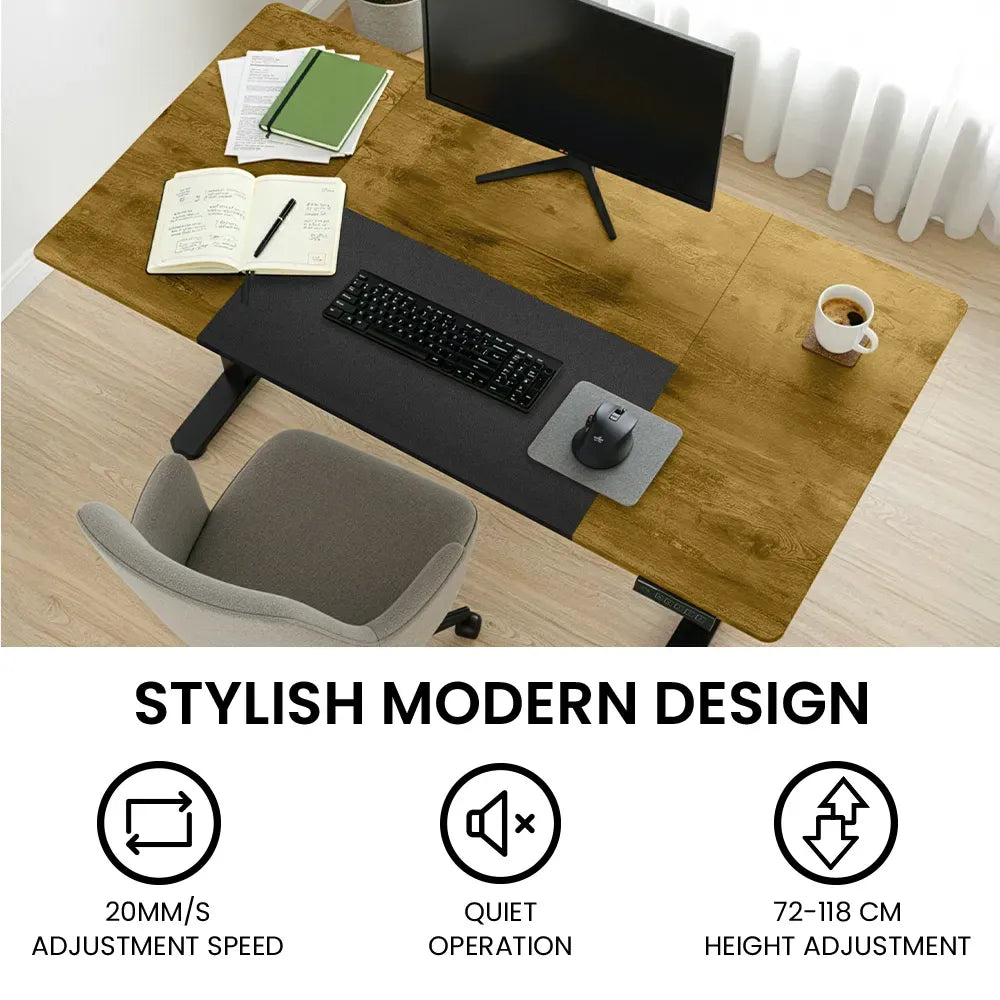 FORTIA Sit To Stand Standing Desk, 120x60cm, 72-118cm Electric Height Adjustable, Walnut Style Desktop Black Frame
