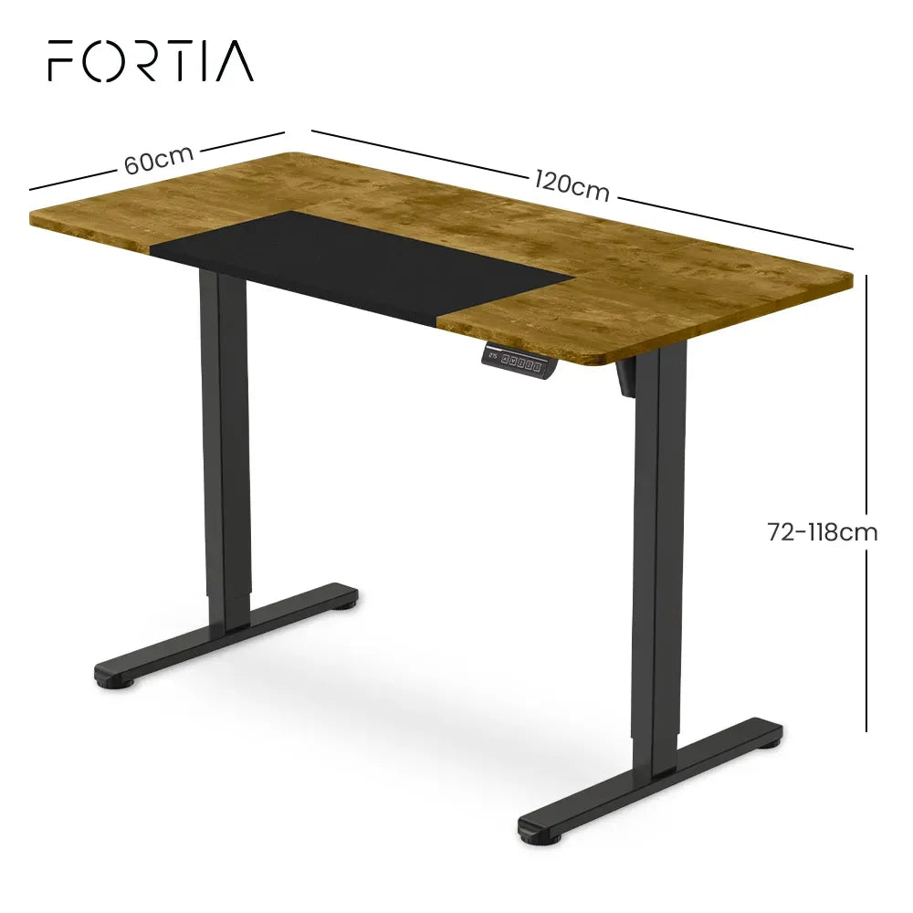 FORTIA Sit To Stand Standing Desk, 120x60cm, 72-118cm Electric Height Adjustable, Walnut Style Desktop Black Frame
