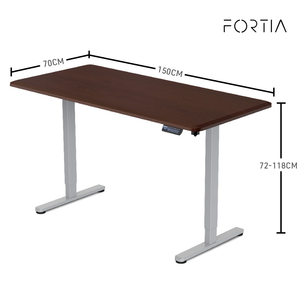 FORTIA 150cm Motorised Standing Desk Height Adjustable Walnut Silver Frame