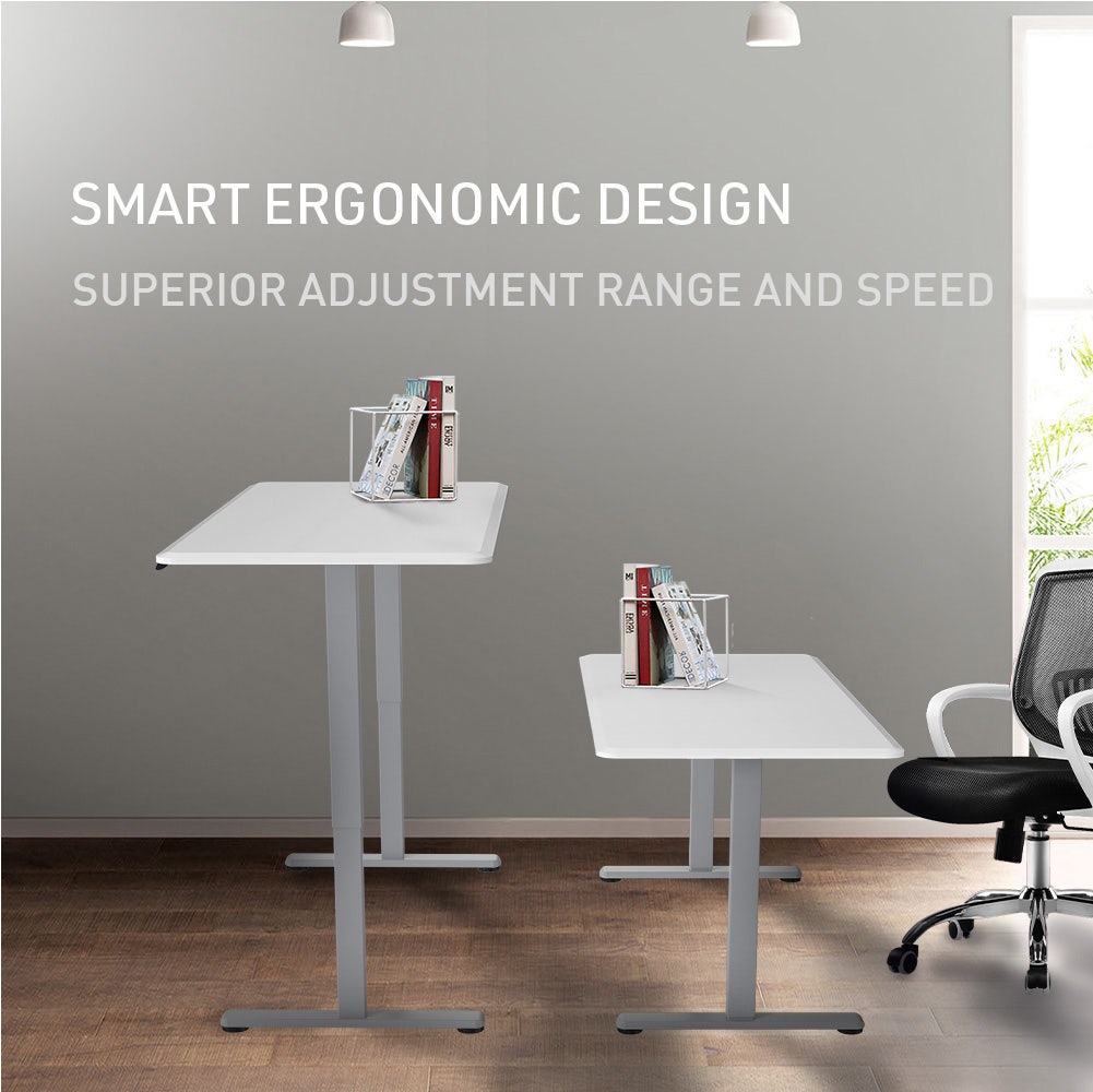 FORTIA Sit To Stand Up Standing Desk, 150x68cm, 72-118cm, Height Adjustable, 50kg Rated, Matte White/Silver Frame