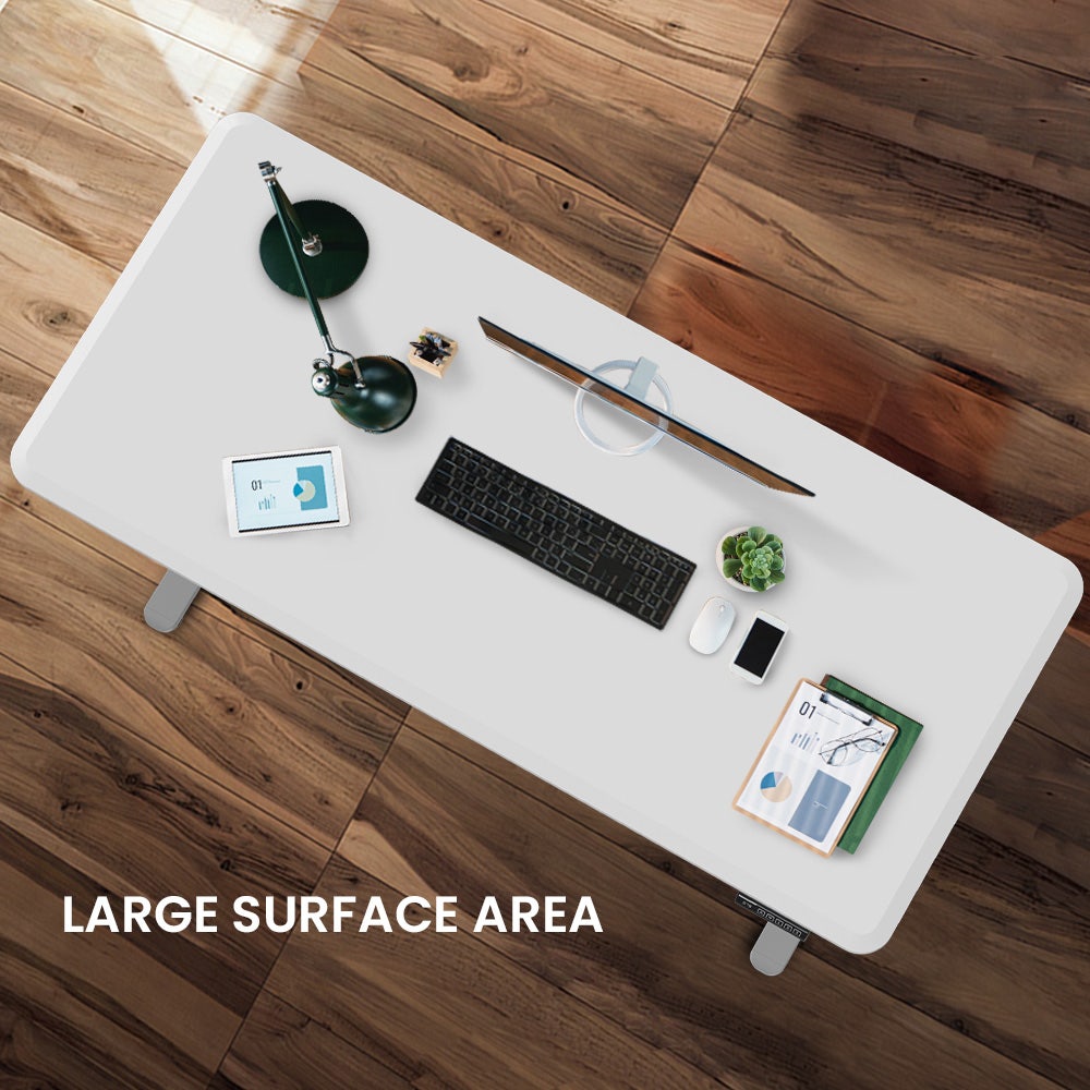 FORTIA Sit To Stand Up Standing Desk, 150x68cm, 72-118cm, Height Adjustable, 50kg Rated, Matte White/Silver Frame