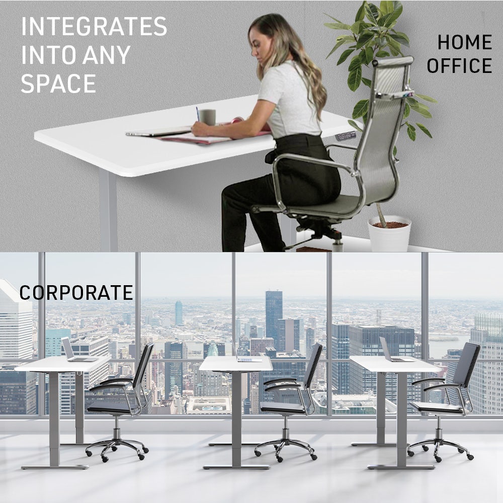 FORTIA Sit To Stand Up Standing Desk, 150x68cm, 72-118cm, Height Adjustable, 50kg Rated, Matte White/Silver Frame