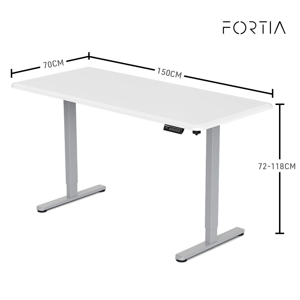 FORTIA Sit To Stand Up Standing Desk, 150x68cm, 72-118cm, Height Adjustable, 50kg Rated, Matte White/Silver Frame