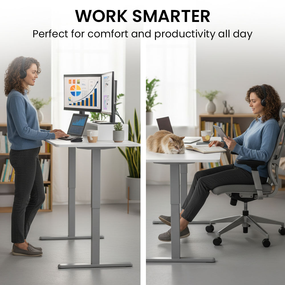 FORTIA Sit to Stand Standing Desk, 160x60cm, 72-118cm Electric Height Adjustable, White Desktop/Silver Frame