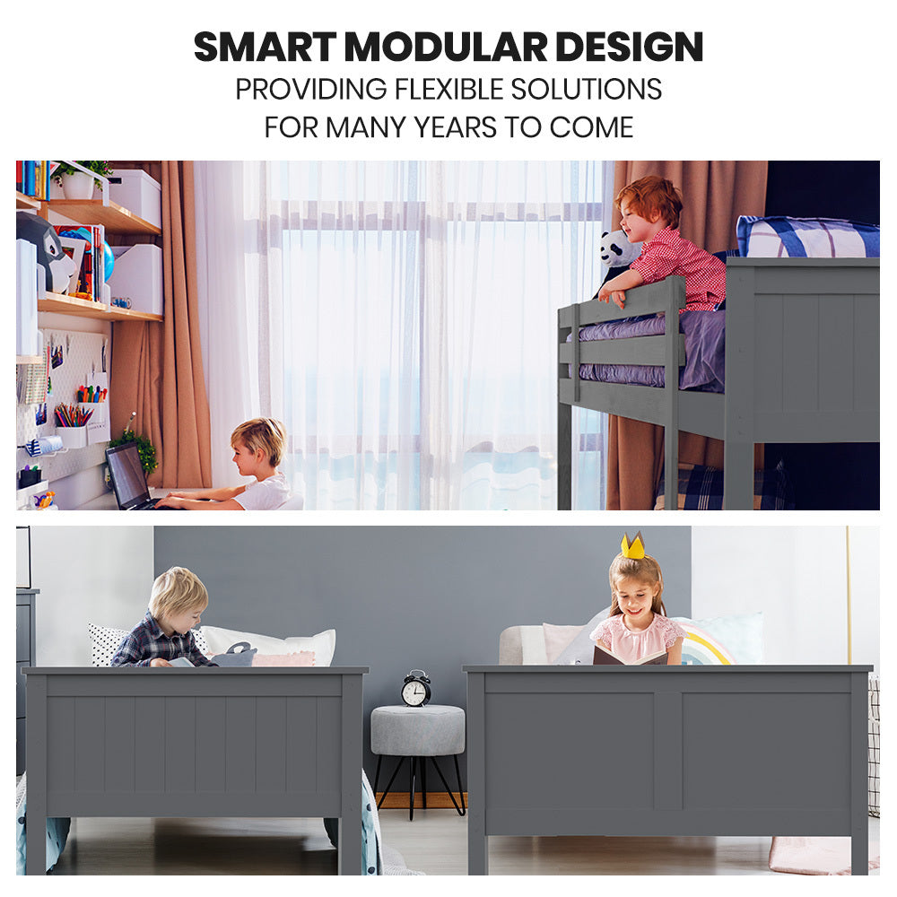 Kingston Slumber Triple Wooden Single Over Double Bunk Bed Frame for Kids, Convertible Design, Grey
