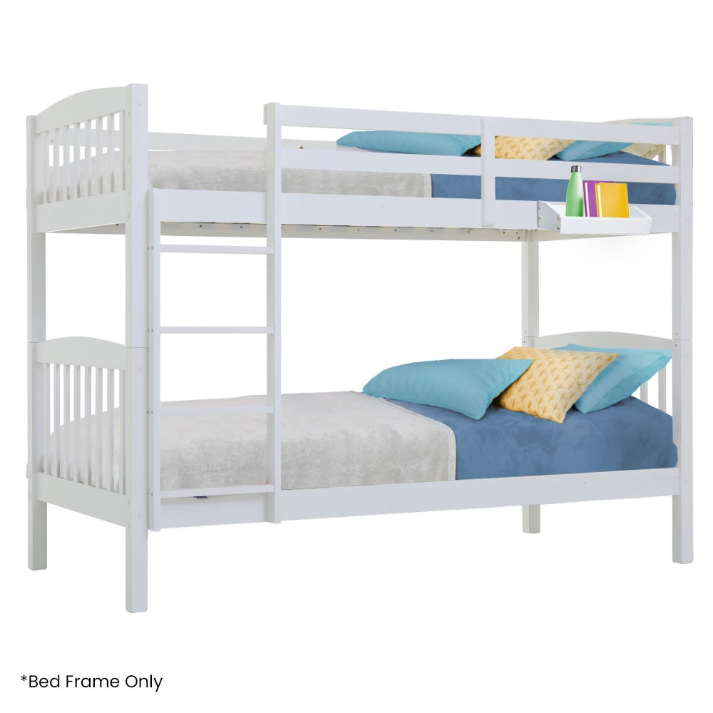 Modular White Wooden Kids Bunk Bed Frame with Toy Shelf - Kingston Slumber