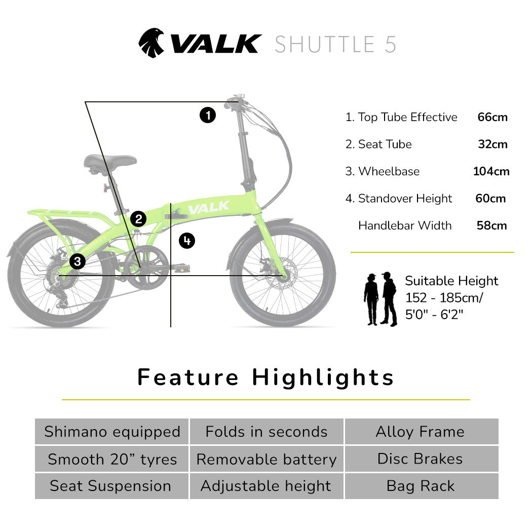 VALK Shuttle 5 Electric Folding Bike, Gen II, 20" Tyres, Shimano 7-Speed, Lime Green
