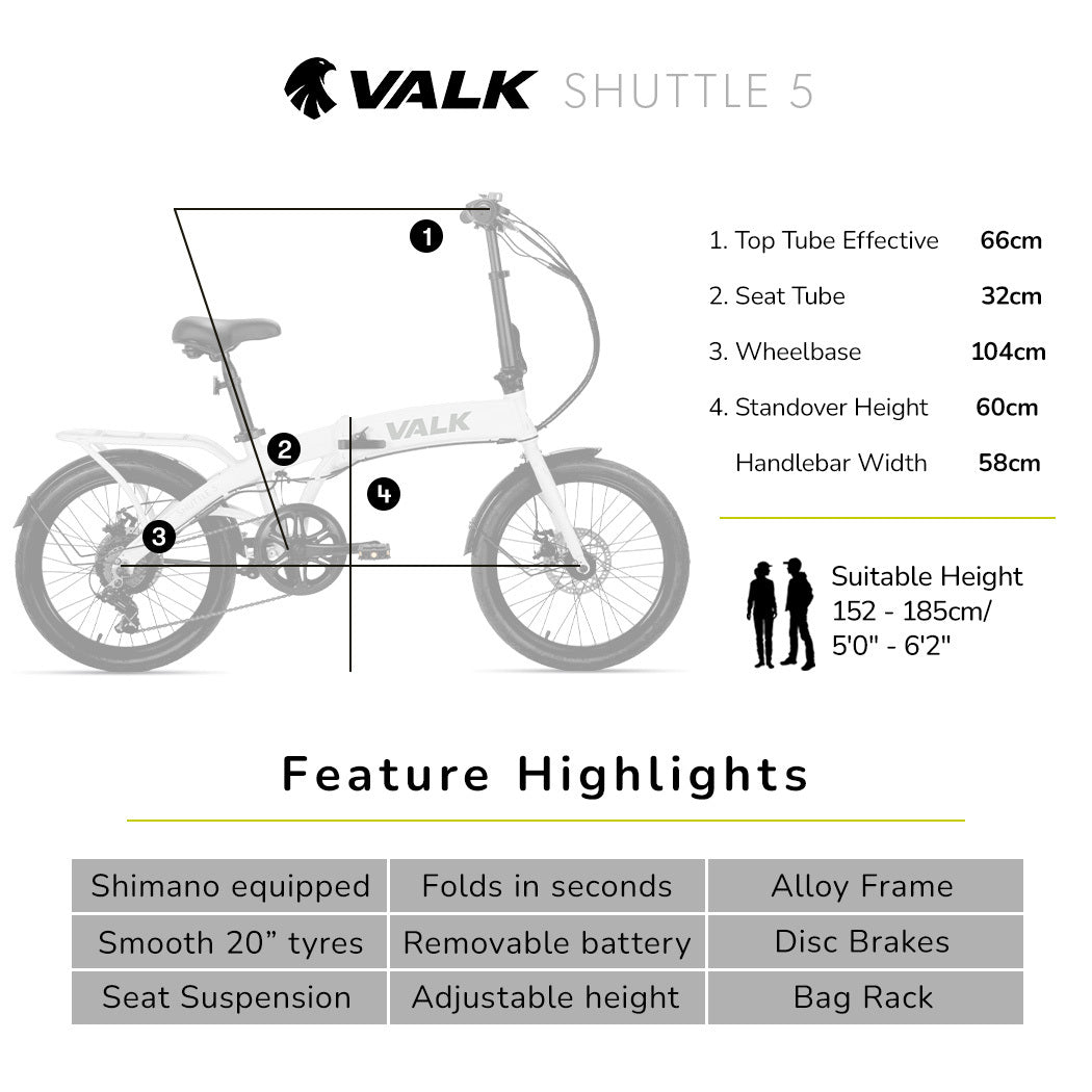 VALK Shuttle 5 Electric Folding Bike, Gen II, 20" Tyres, Shimano 7-Speed, White