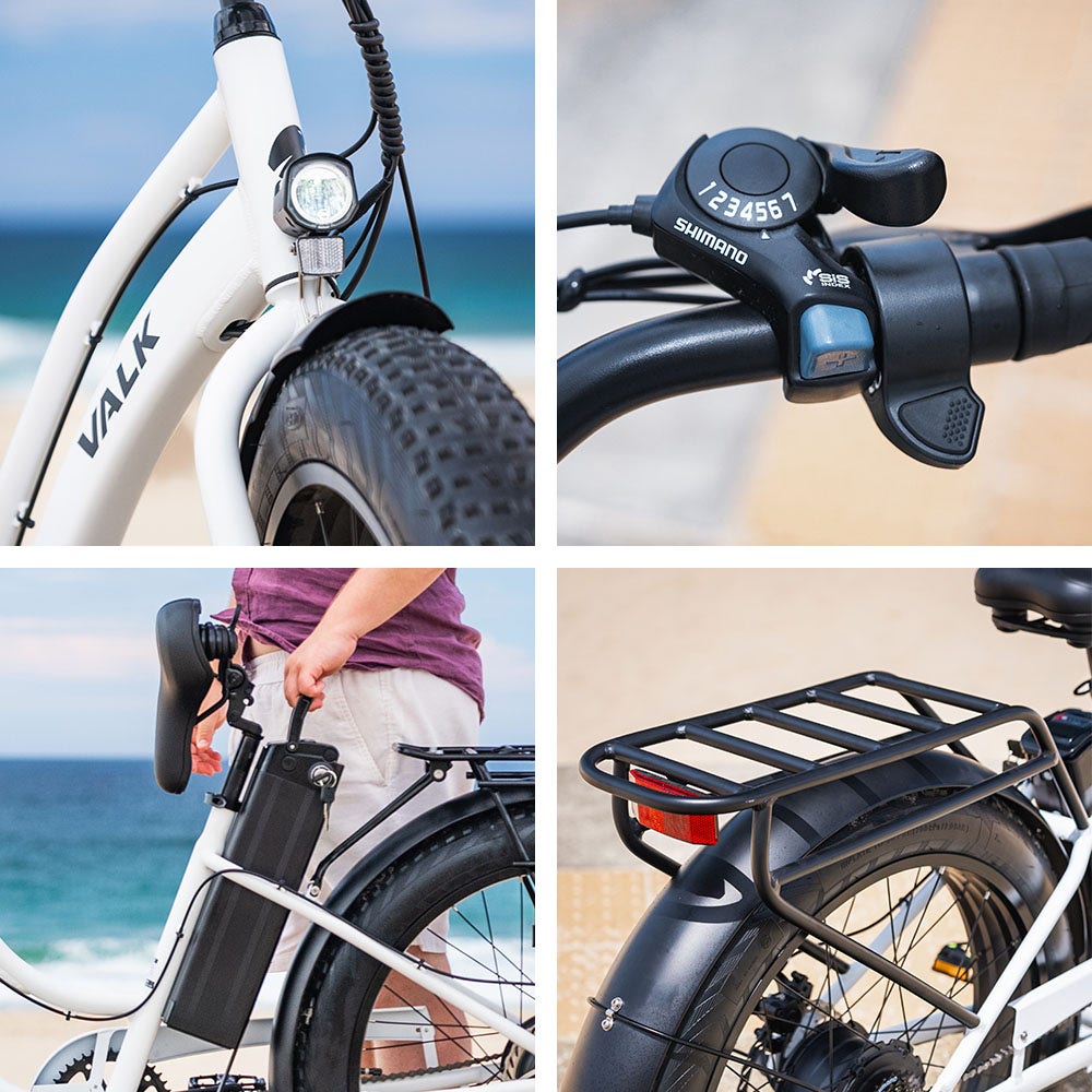 VALK Electric Fat Tyre Cruiser Bike, with Throttle, Step-Through eBike, White